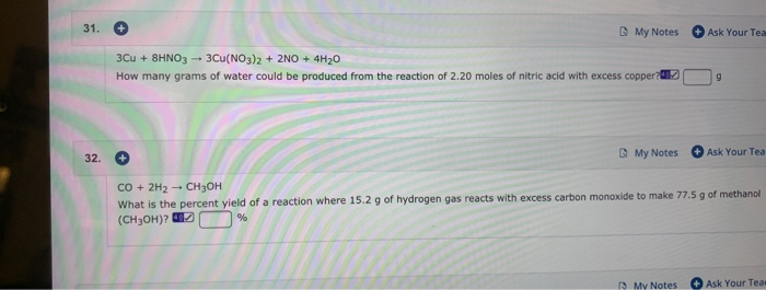 Solved 31. Ask Your Tea My Notes 3Cu + BHNO3 -- 3Cu(NO3)2 + | Chegg.com