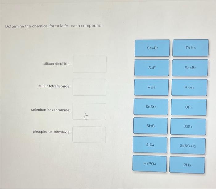 Determine the chemical formula for each compound.
silicon disulfide:
sulfur tetrafluoride:
selenium hexabromide:
phosphorus t