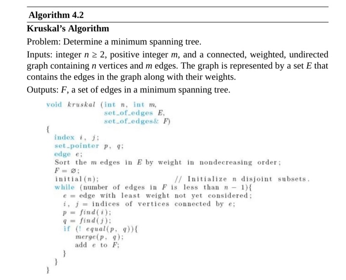 Algorithm 4.2 Kruskals Algorithm Problem: Determine a minimum spanning tree. Inputs: integer n 22, positive integer m, and a