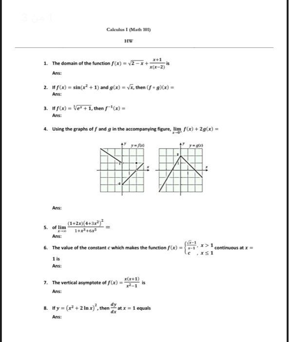 Solved Calculus I (Math 101) HW is 1. The domain of the | Chegg.com