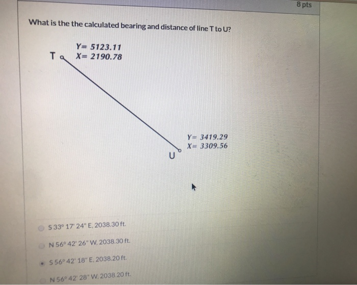 Solved 8 pts What is the the calculated bearing and distance | Chegg.com