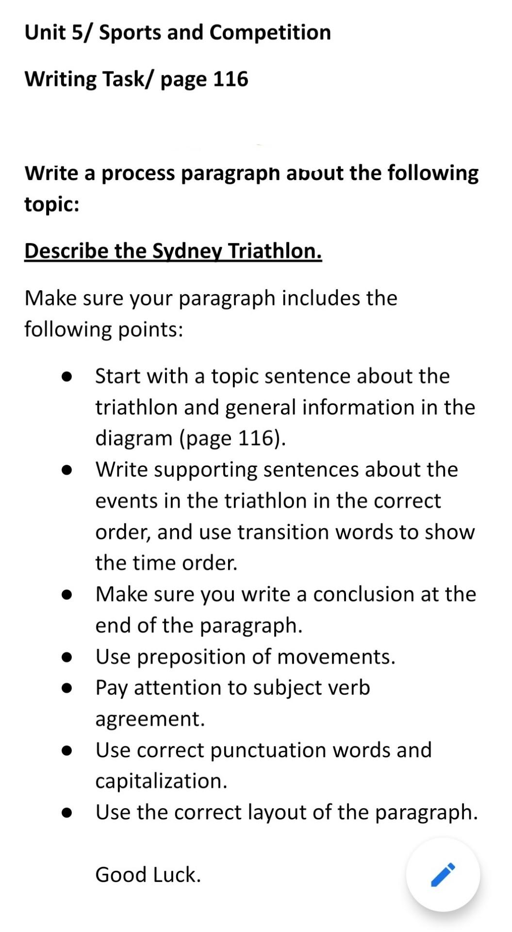 Unit 5/ Sports and Competition Writing Task/ page 116 | Chegg.com
