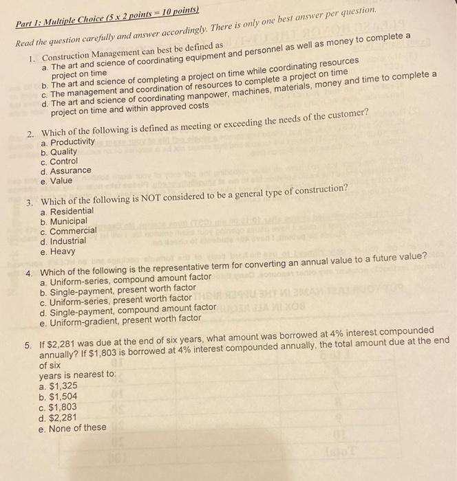 Solved Part 1: Multiple Choice (5.c 2 points = 10 points) | Chegg.com