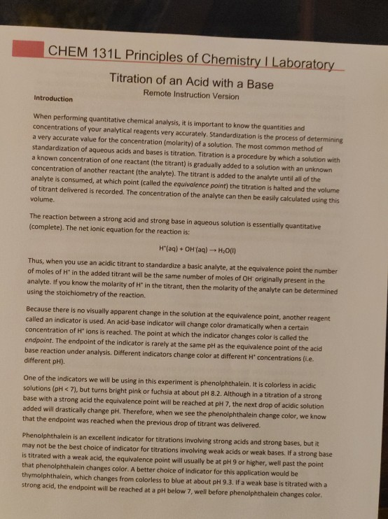 Chem 131l Principles Of Chemistry I Laboratory Chegg