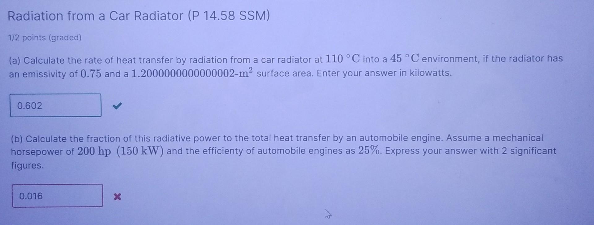 Solved Radiation from a Car Radiator (P 14.58 SSM) 1/2 | Chegg.com