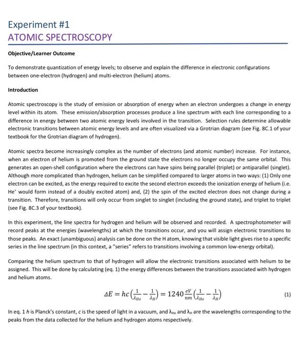 Solved Experiment 1 ATOMIC SPECTROSCOPY Objective/Learner
