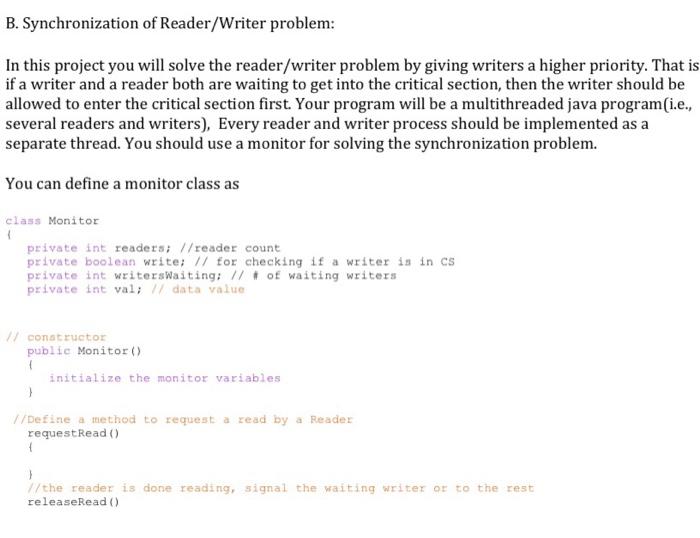 Solved B. Synchronization of Reader/Writer problem: In this | Chegg.com