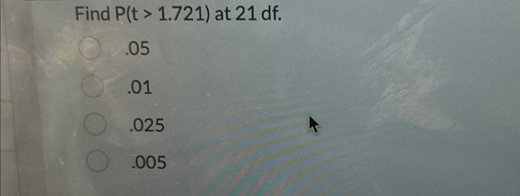 Solved Find P(t>1.721) ﻿at 21df.05.01.025.005 | Chegg.com