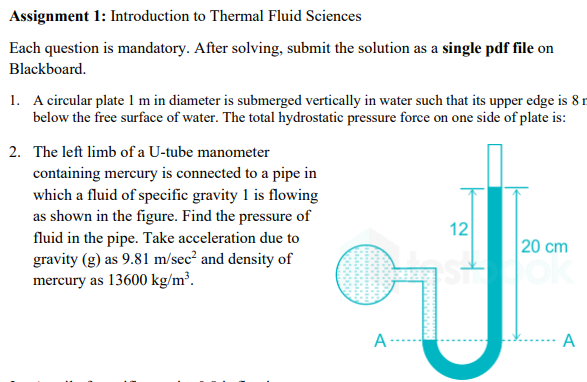 Thermal Fluids Math Solved Assignment 1: Introduction to Thermal Fluid Sciences | Chegg.com
