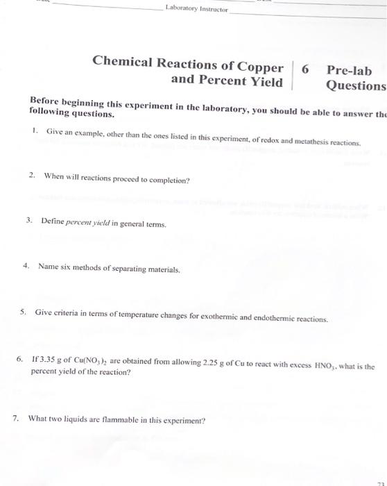 Solved Laboratory Instructor Chemical Reactions Of Copper | Chegg.com