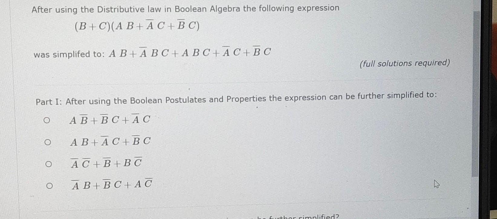 Solved After using the Distributive law in Boolean Algebra | Chegg.com