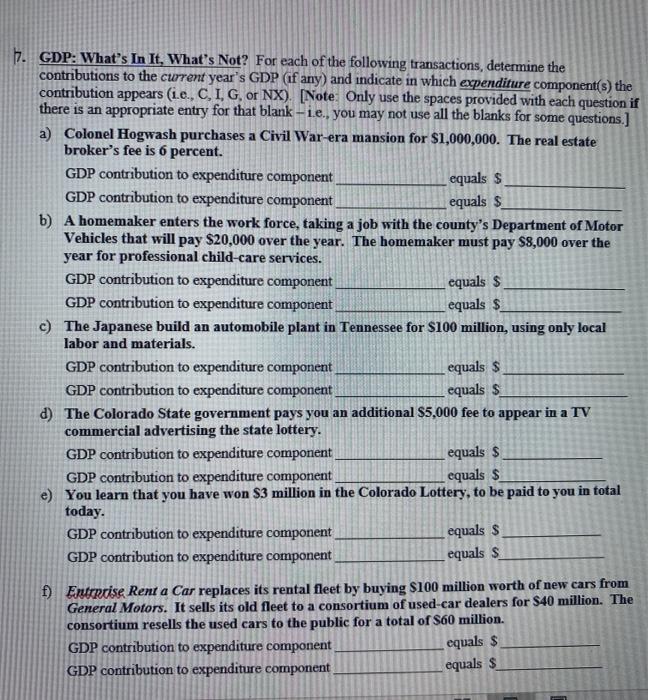 Solved 17. GDP: What's In It, What's Not? For each of the | Chegg.com