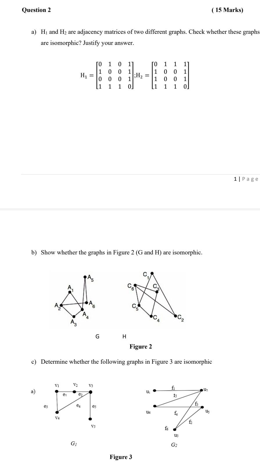 Solved a) H1 and H2 are adjacency matrices of two different | Chegg.com