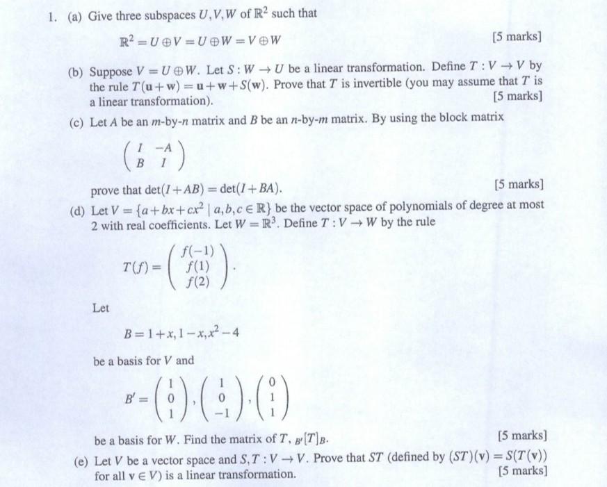 Solved 1 A Give Three Subspaces U V W Of R2 Such Tha Chegg Com