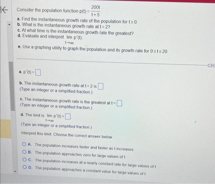 Solved Consider the population function p(t)=t+5200t a. Find | Chegg.com