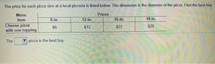 Solved The price for each pizza size at a local pizzeria is | Chegg.com