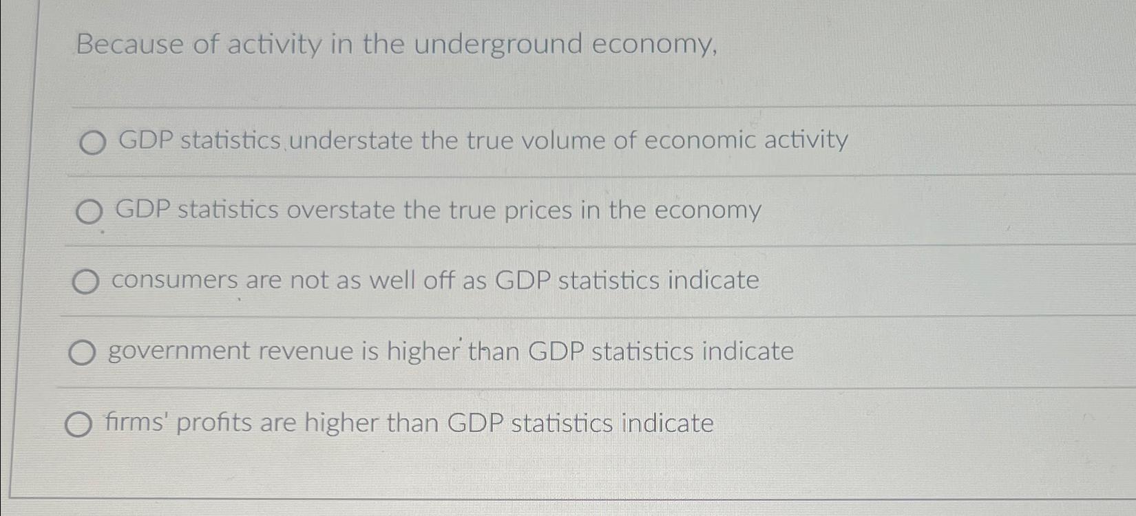 Solved Because of activity in the underground economy,GDP