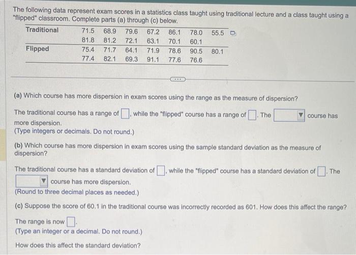 Solved The following data represent exam scores in a | Chegg.com