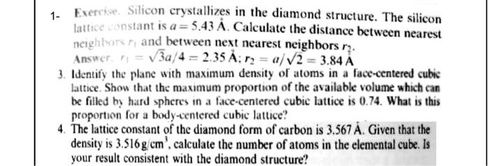 Solved 1 Exercise Silicon Crystallizes In The Diamond