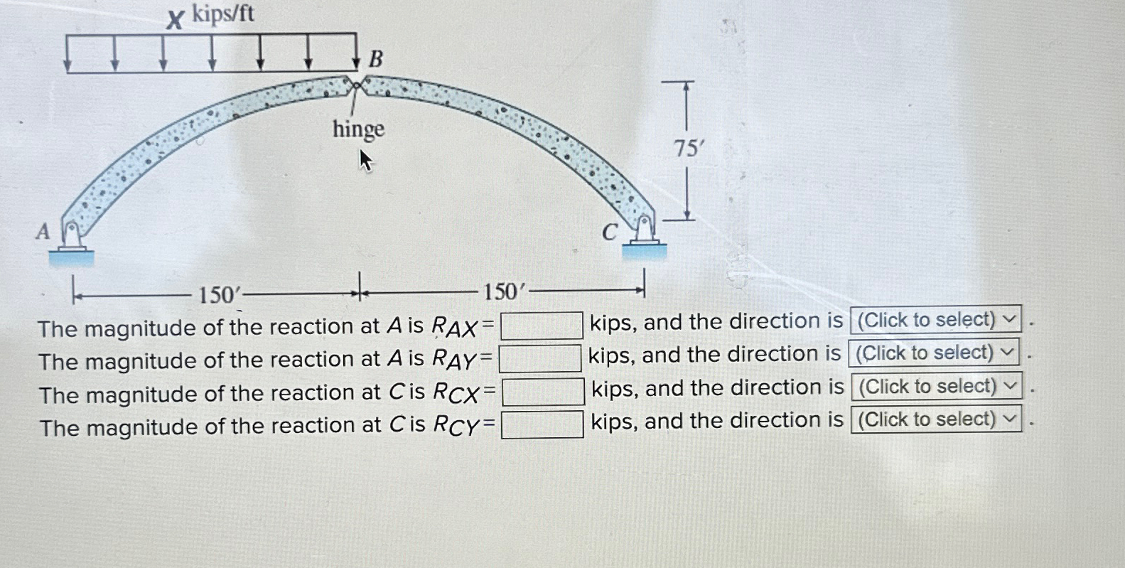 The magnitude of the reaction at A ﻿is RAx= ﻿kips, | Chegg.com