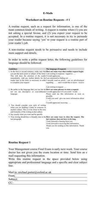Solved E-Mails Worksheet on Routine Requests - #1 A routine | Chegg.com