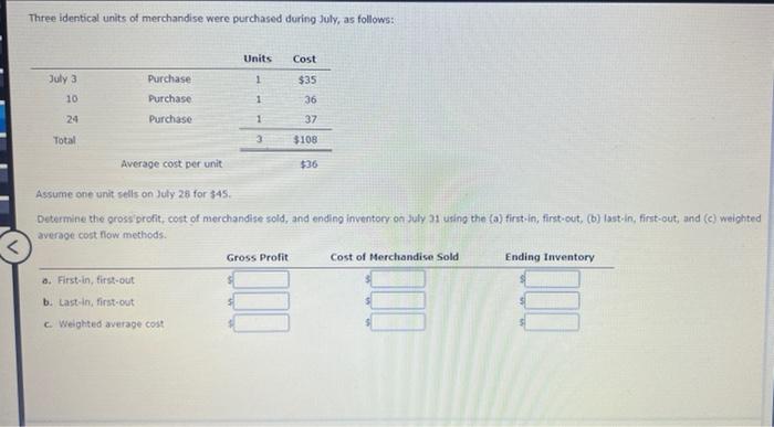 Solved Three identical units of merchandise were purchased | Chegg.com