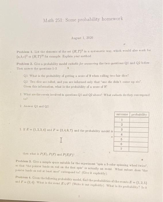 Solved Math 251 Some Probability Homework August 1 Chegg Com