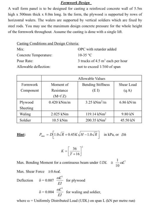 Solved Formwork Destrn A wall form panel is to be designed | Chegg.com
