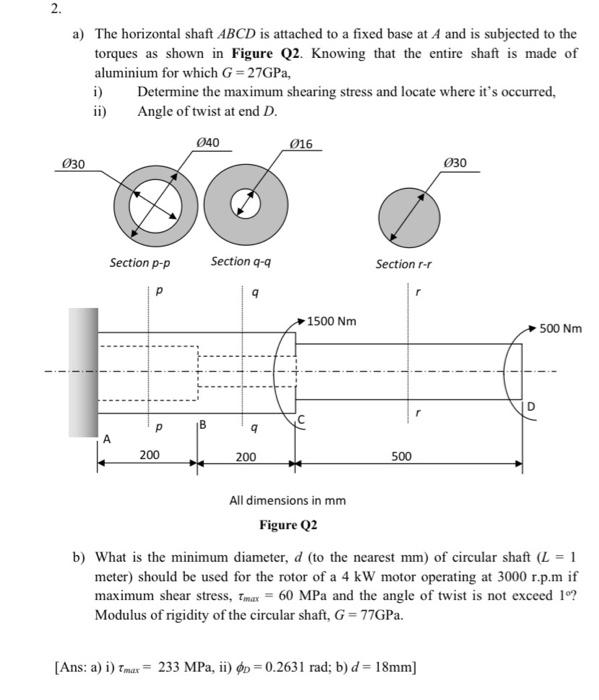 Solved 2. a) The horizontal shaft ABCD is attached to a | Chegg.com