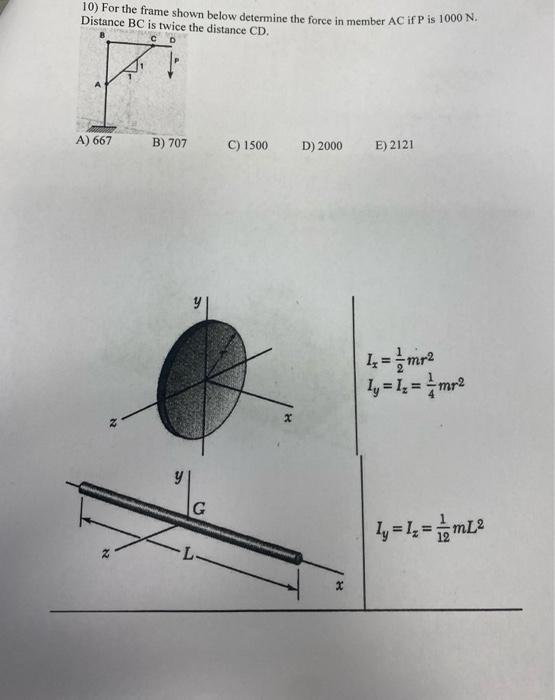 Solved 10) For the frame shown below determine the force in | Chegg.com