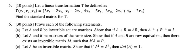Solved 5. [10 points) Let a linear transformation T be | Chegg.com