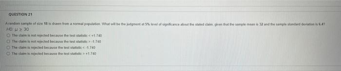 Solved QUESTION 21 A random sample of size 18 ls drawn from | Chegg.com