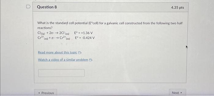 Solved What Is The Standard Cell Potential E∘ Cell For A