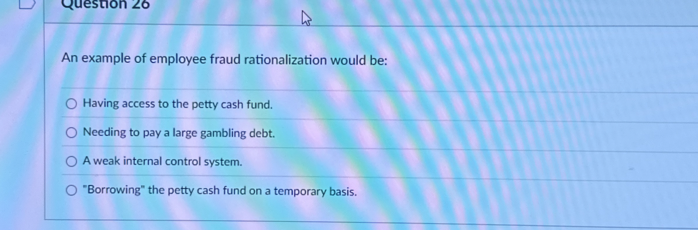 Solved An example of employee fraud rationalization would | Chegg.com