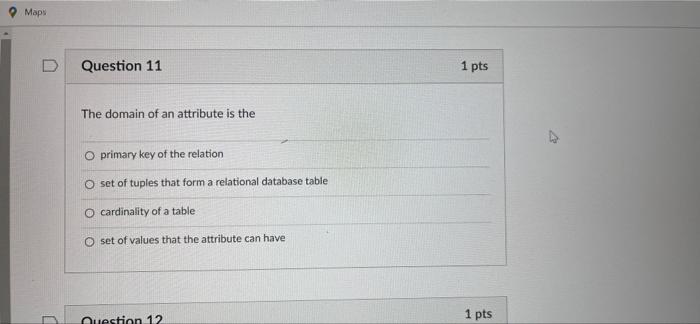 Solved Maps D Question 11 The domain of an attribute is the | Chegg.com