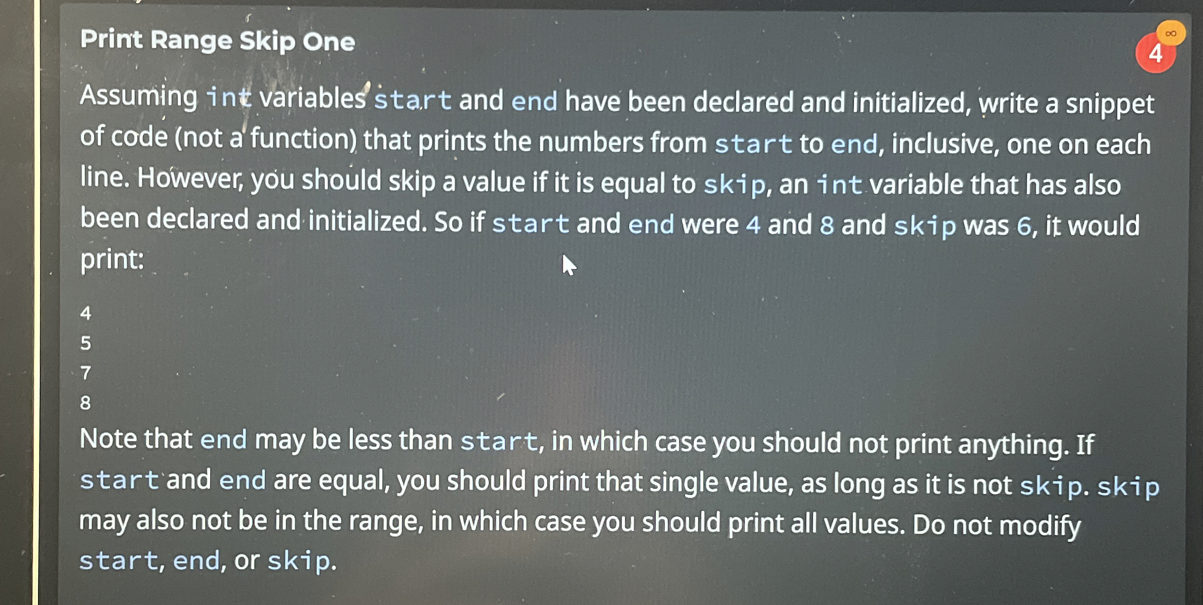 Solved Print Range Skip OneAssuming in variables start and | Chegg.com
