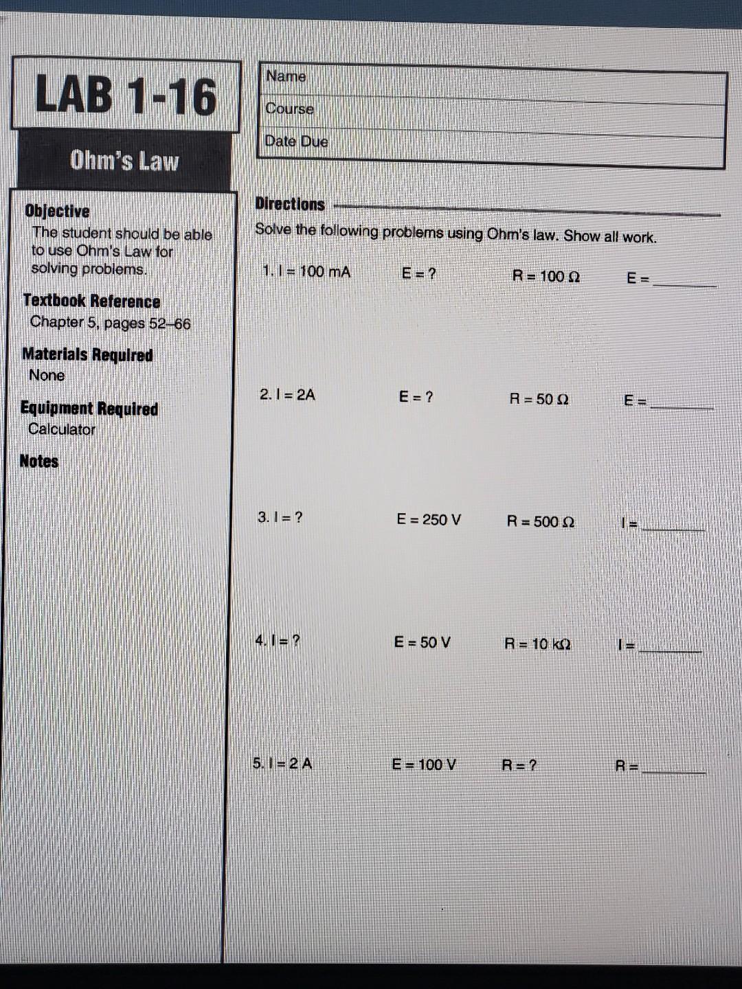 Solved Solve The Following Problems Using Ohm's Law. Show | Chegg.com