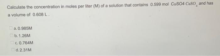 Solved Calculate the concentration in moles per liter (M) of | Chegg.com