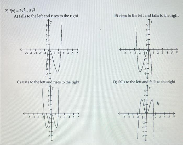 Solved 2) f(x)=2x4−5x2 A) falls to the left and rises to the | Chegg.com
