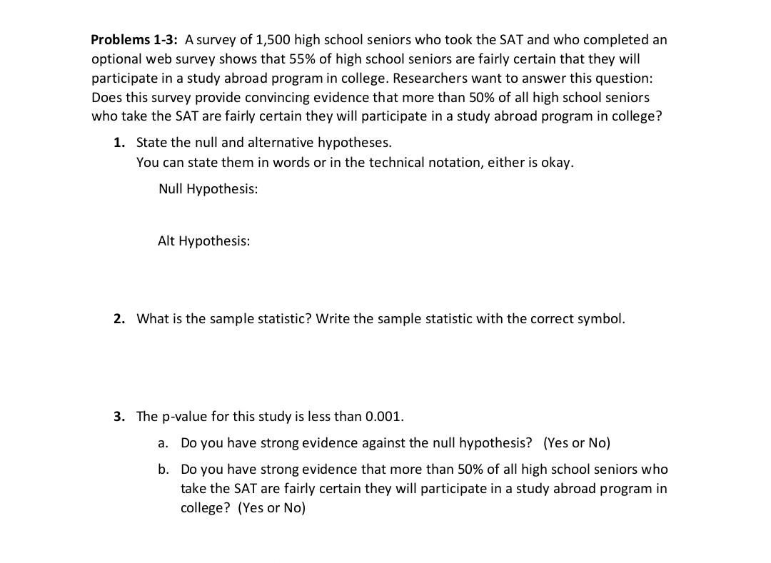 Solved Problems 1-3: A survey of 1,500 high school seniors | Chegg.com