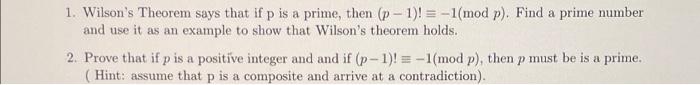 Solved 1. Wilson's Theorem says that if p is a prime, then | Chegg.com
