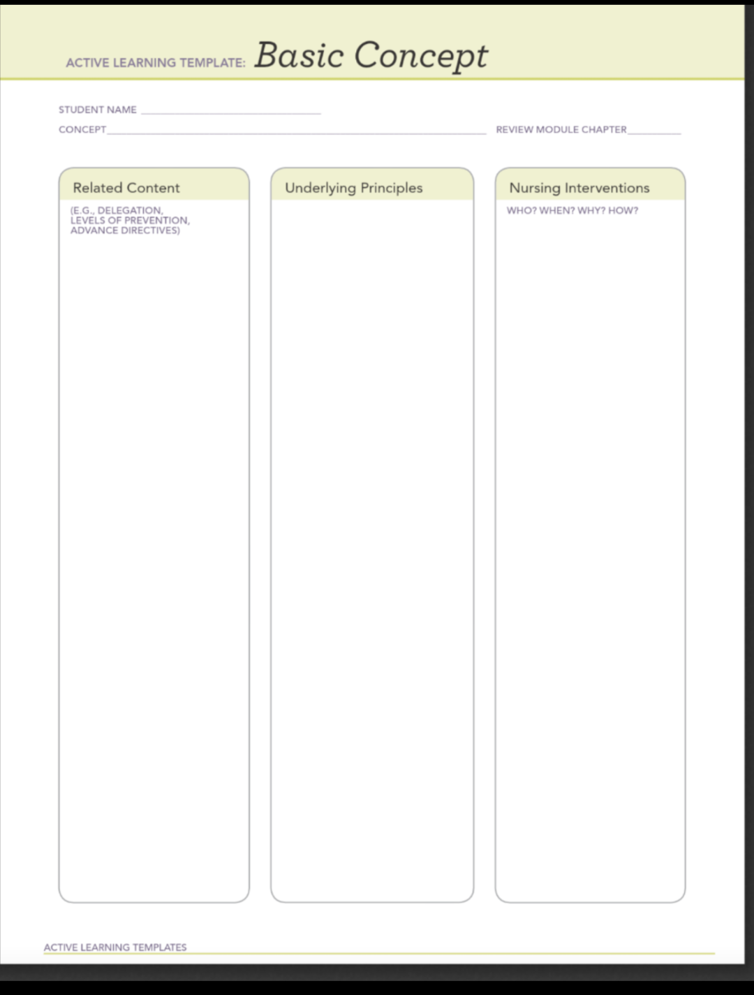 ACTIVE LEARNING TEMPLATE: Basic Concept STUDENT NAME CONCEPT REVIEW MODULE CHAPTER Related Content Underlying Principles Nurs