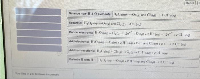 Solved Cl2(g)+H2O2(aq)→Cl−(αq)+O2(g) (acidic) Mateh the | Chegg.com