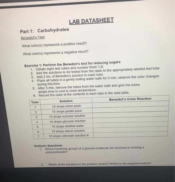 Solved LAB DATASHEET Part 1: Carbohydrates Benedict's Test | Chegg.com