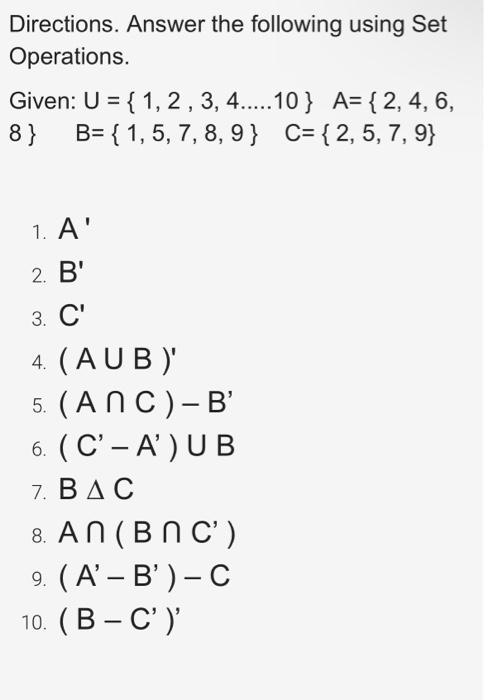 Solved Directions. Answer the following using Set | Chegg.com