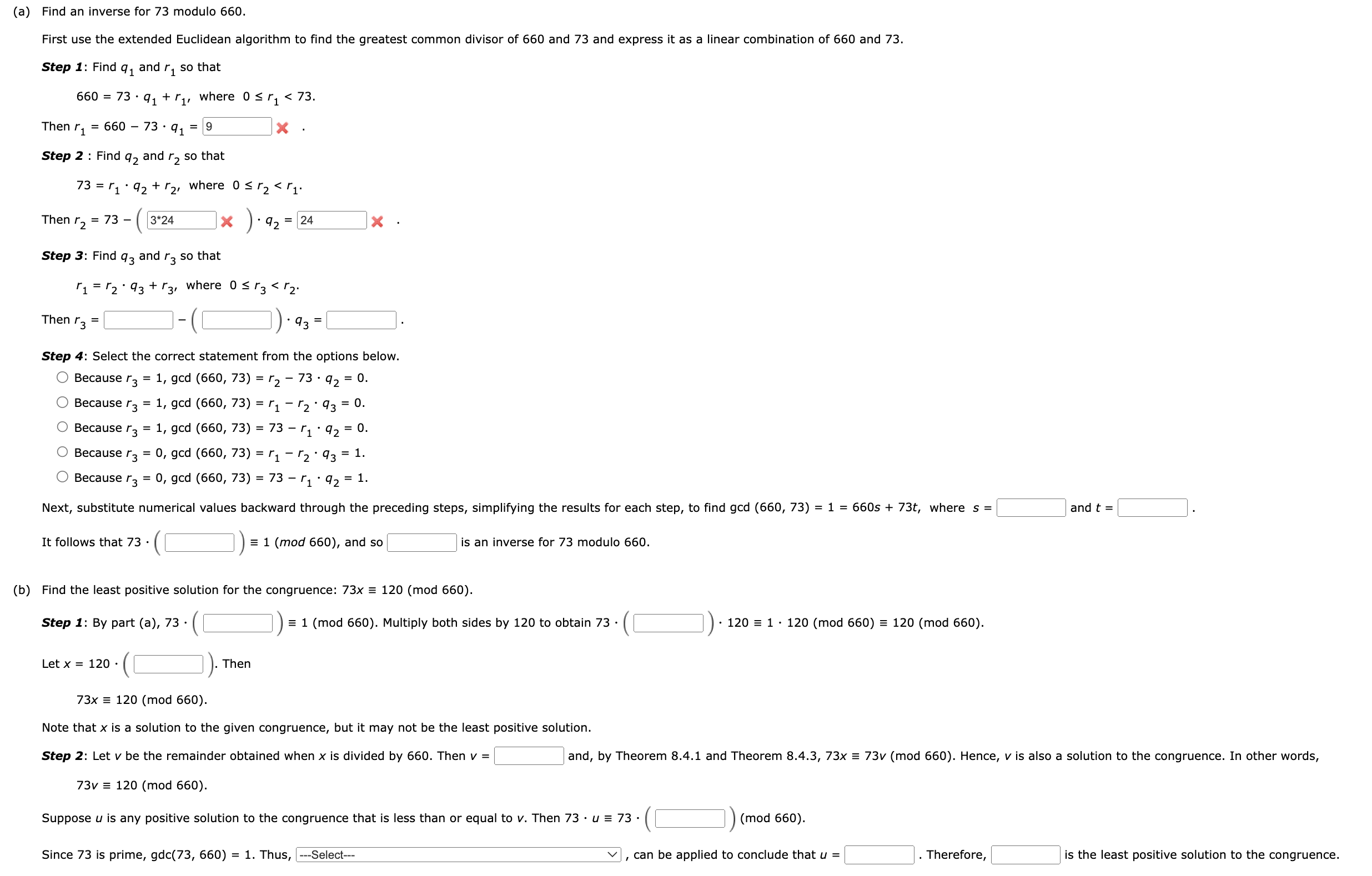 Solved (a) ﻿Find an inverse for 73 ﻿modulo 660. ﻿First use | Chegg.com
