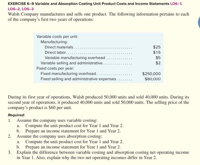 Solved EXERCISE 6-9 Variable and Absorption Costing Unit | Chegg.com