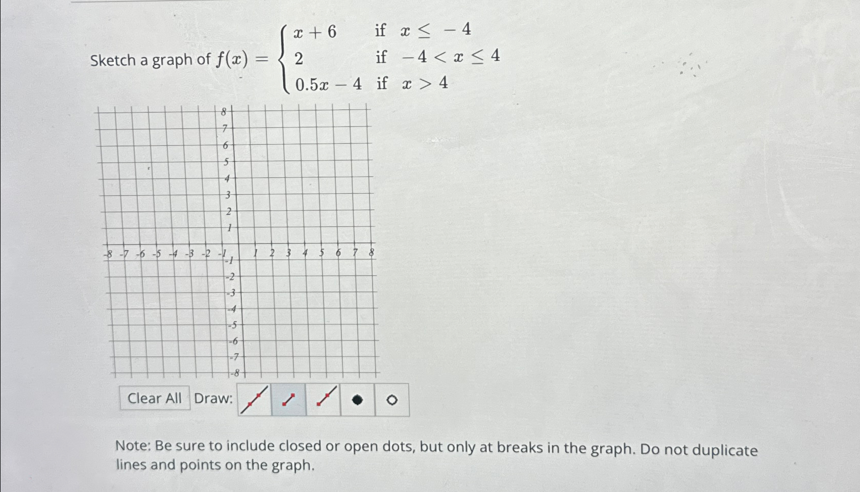 Solved Sketch a graph of f(x)={x+6 if x≤-42 if -44Draw:Note: | Chegg.com