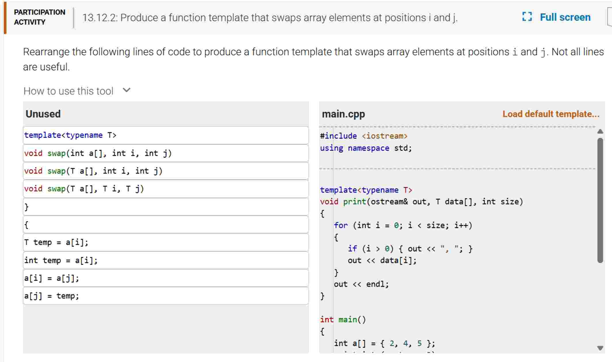 Solved Rearrange the following lines of code to produce a | Chegg.com