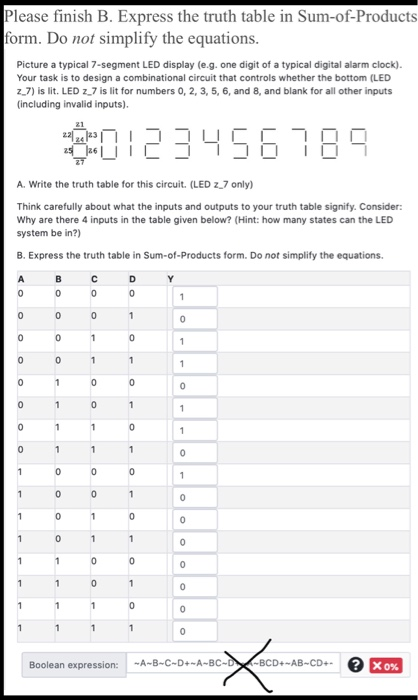 Please finish B. Express the truth table in Sum-of-Products form. Do not simplify the equations. Picture a typical 7-segment